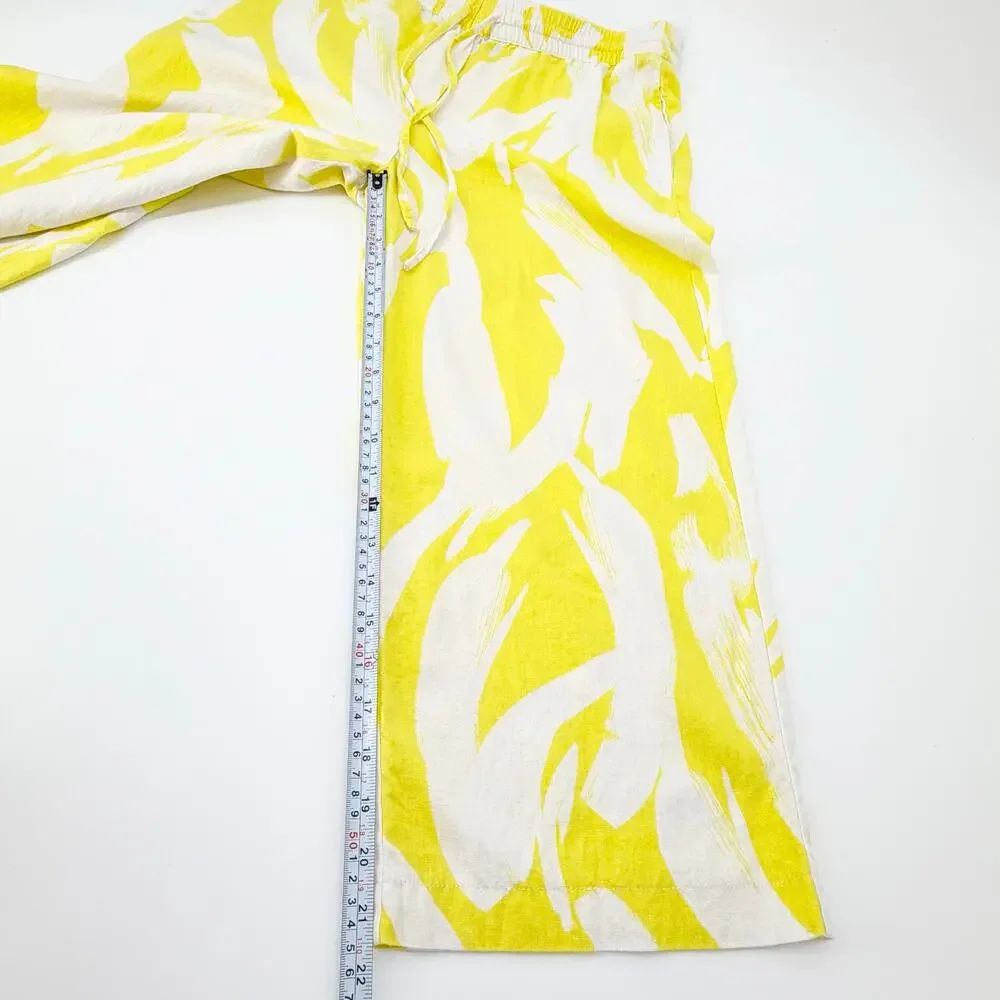 DKNY Linen Blend Wide Leg Crop Pants Yellow White Abstract Print Medium - Picture 7 of 12
